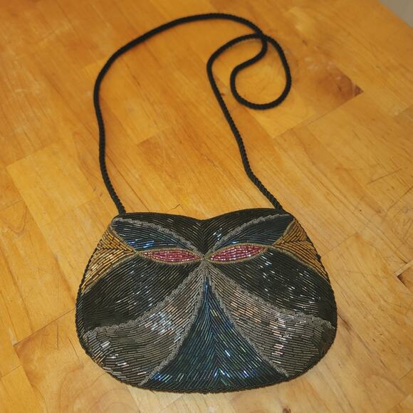 Vintage Handbags - Vintage bugle glass beads 80s purse shoulder EVENING bag black gold silver blue